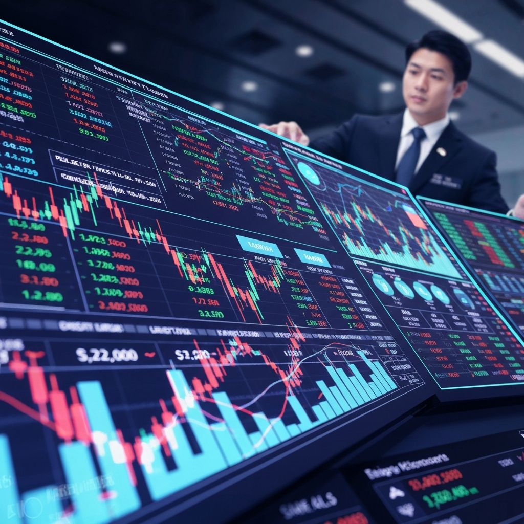 Modern trading floor with digital interfaces and market data